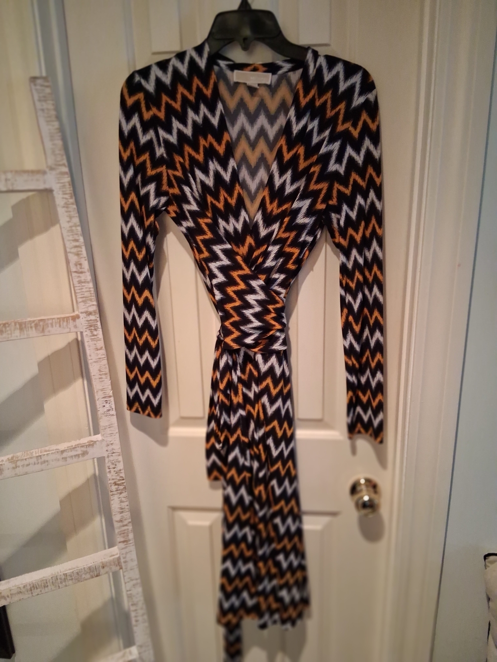 Michael Kors Zigzag Wrap Dress in Black, White & Mustard